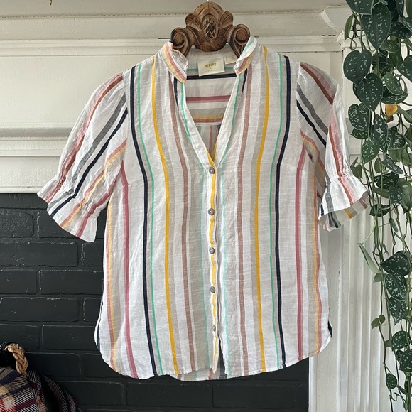 Maeve Anthropologie “Alisa” Button-Up Striped Top with Puff Sleeves - Picture 4 of 8